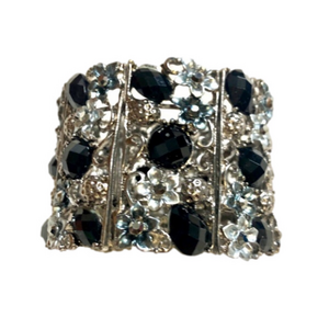Vintage Maximalist Floral Cuff Bracelet Silver Tone Black Stones Bohemian Gothic